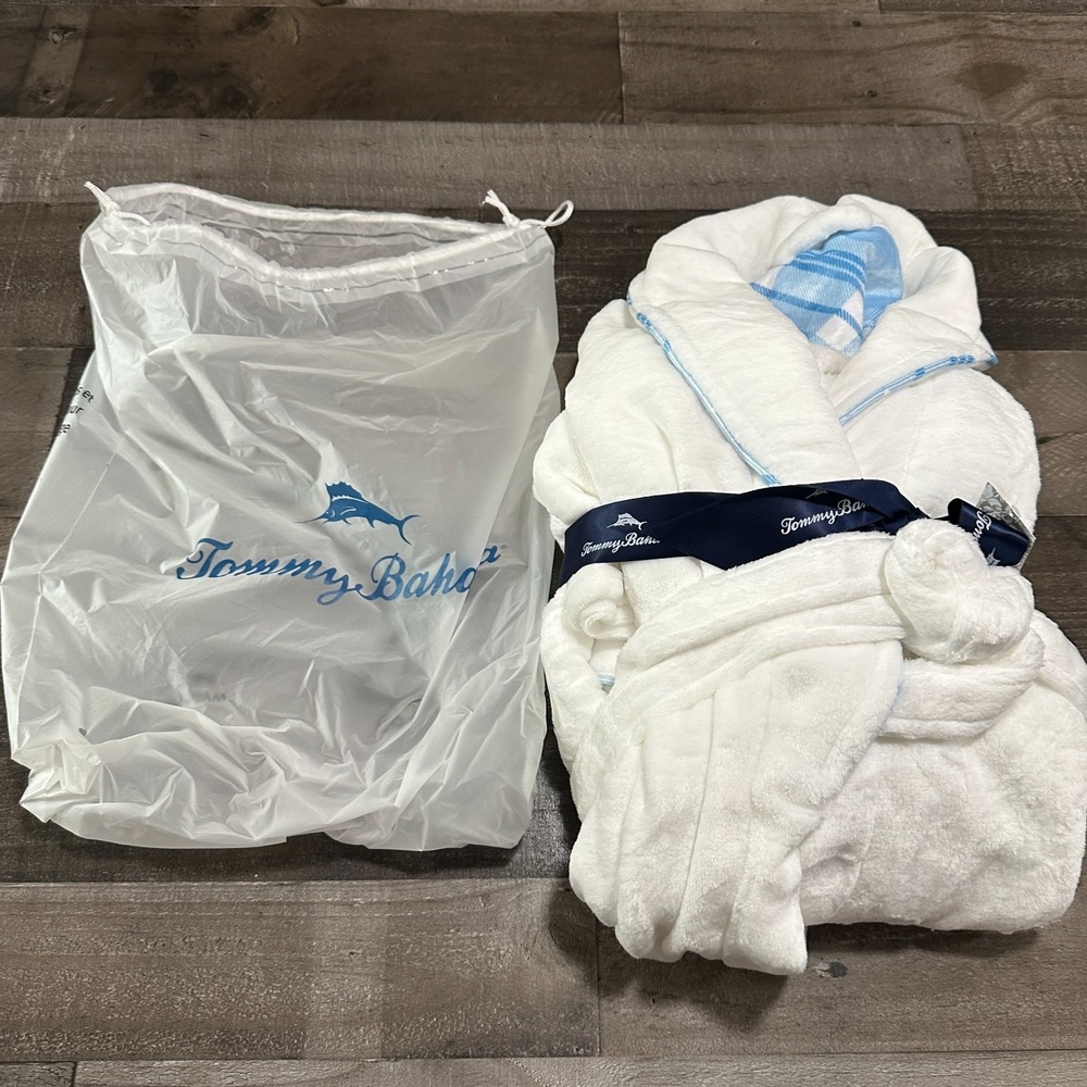 Tommy Bahama Women's Plush Shawl Collar Robe Belted Logo White/Blue One Size